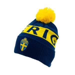 Stickad mössa marinblå/gul