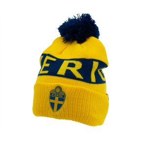 Stickad mössa gul/marinblå